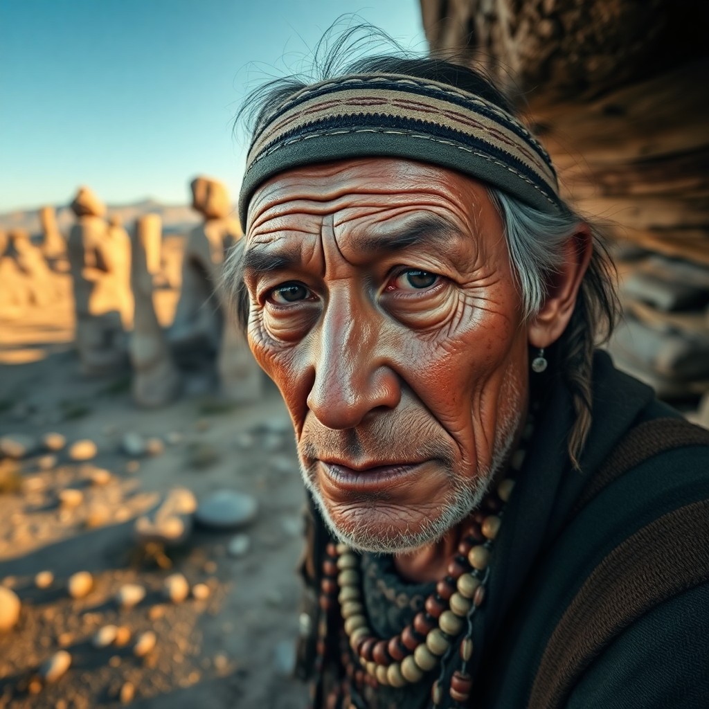 AI generated art for prompt: A hyperrealistic portrait depicts a weathered Native American elder with wise, deep-set eyes, embody