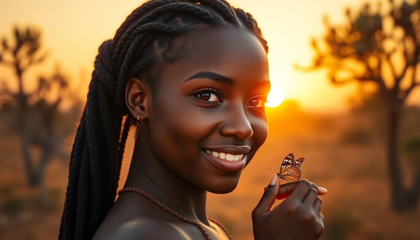 AI generated art for prompt: A photorealistic portrait photograph showcases a young African woman with captivating amber eyes and