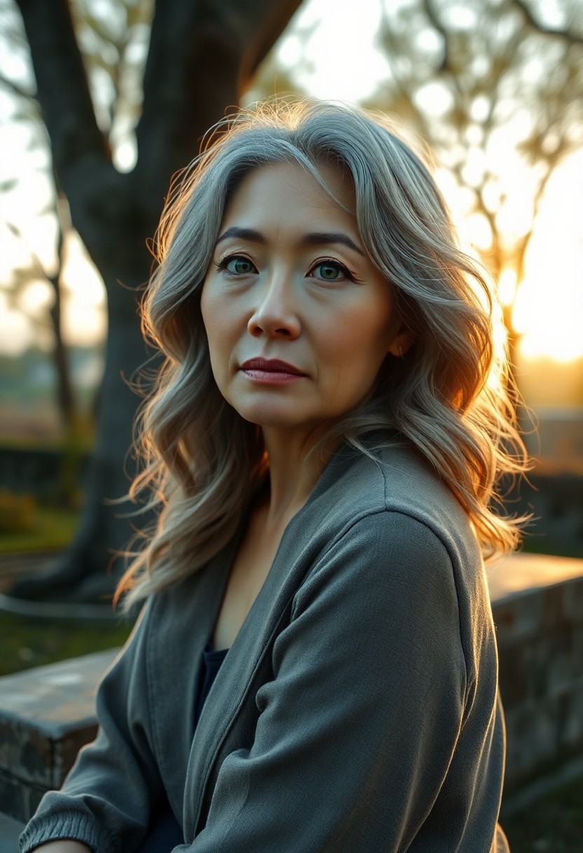 AI generated art for prompt: Craft a photorealistic portrait photo of an enigmatic 45-year-old East Asian woman with vibrant gree