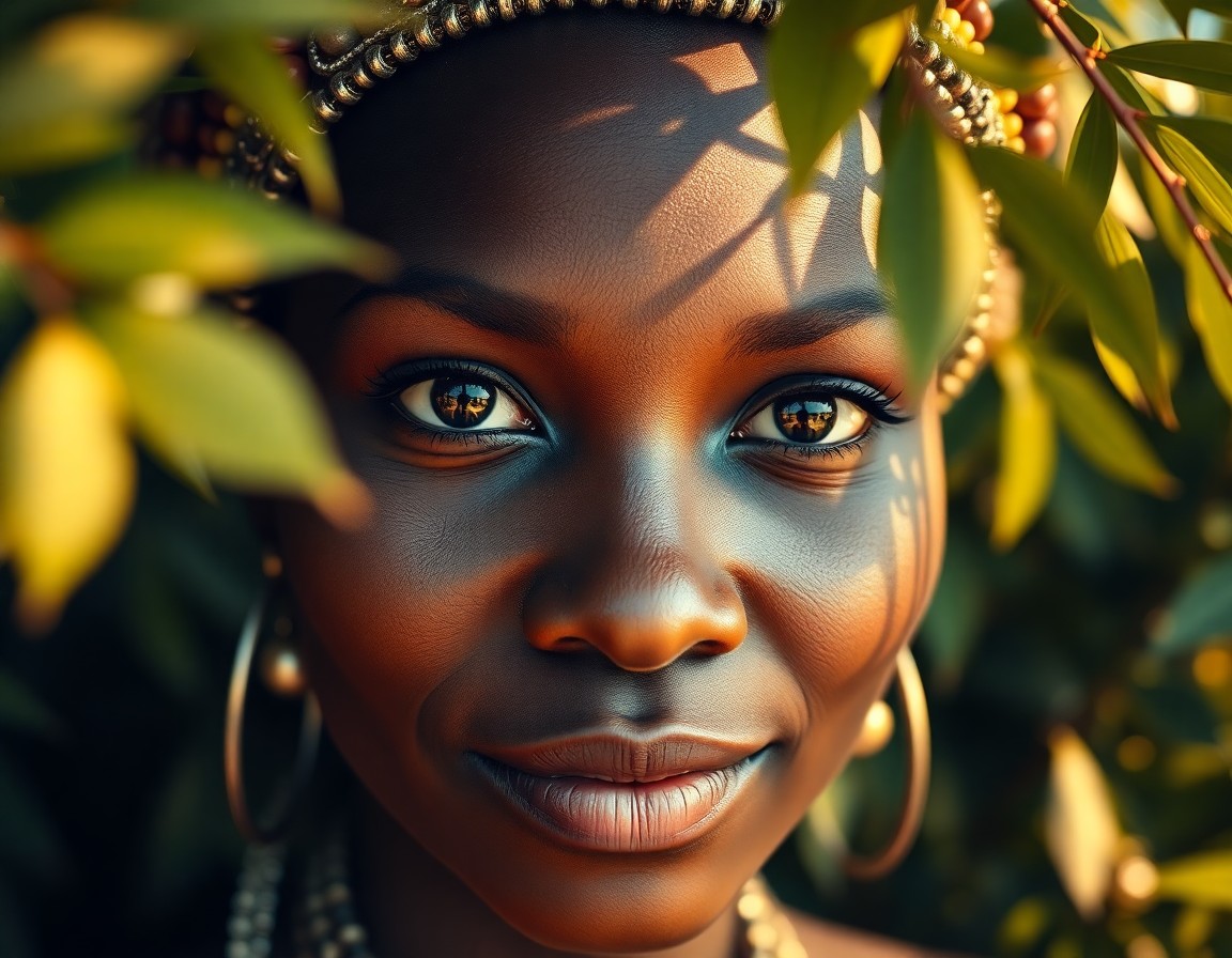 AI generated art for prompt: A photorealistic portrait photograph captures an African woman's enigmatic gaze with almond-shaped b