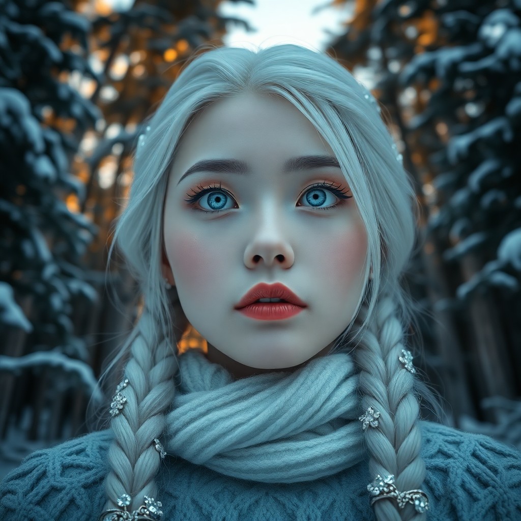 AI generated art for prompt: A photorealistic portrait photograph depicts an enigmatic East Asian woman with striking ice-blue ey