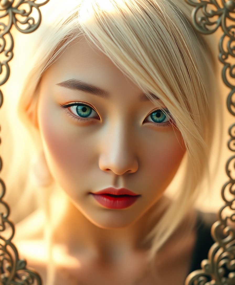 AI generated art for prompt: A highly detailed film photograph captures an enigmatic East Asian woman with striking green eyes. S