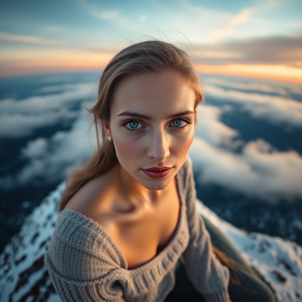 AI generated art for prompt: A DSLR portrait captures a Slavic woman's enigmatic gaze from an unusual high-angle perspective atop