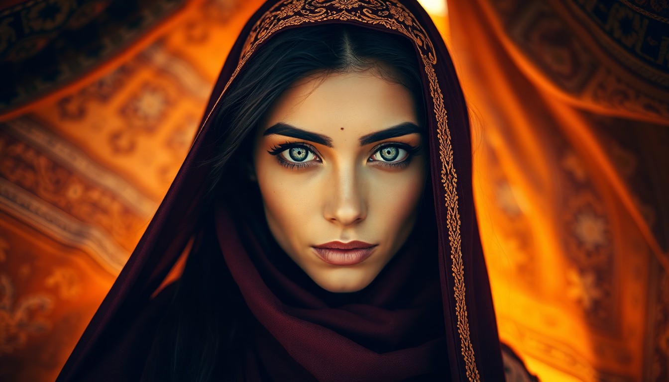 AI generated art for prompt: A captivating portrait photograph showcases a Middle Eastern woman with mesmerizing green eyes and r