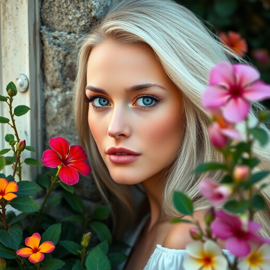 AI generated art for prompt: A portrait photograph captures a European woman's serene gaze, her striking blue eyes and flowing pl