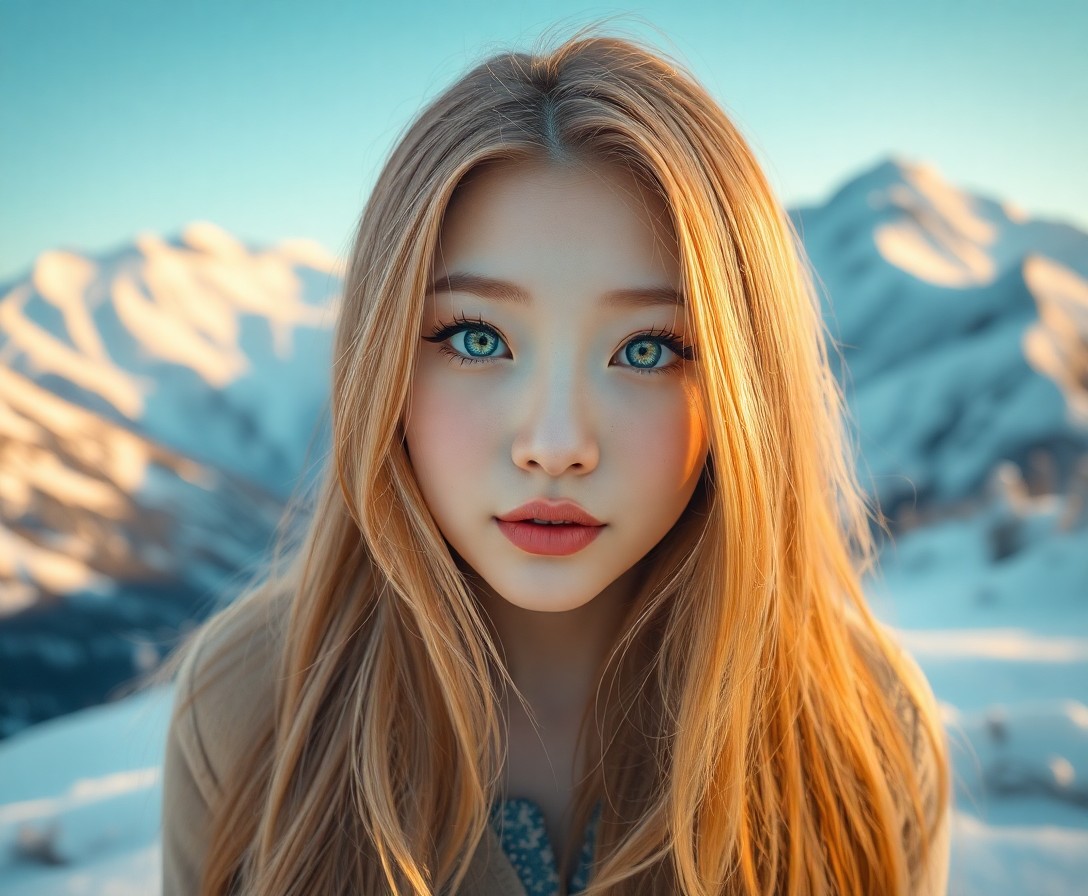 AI generated art for prompt: A photorealistic portrait of an East Asian woman with captivating ice-blue eyes and cascading golden