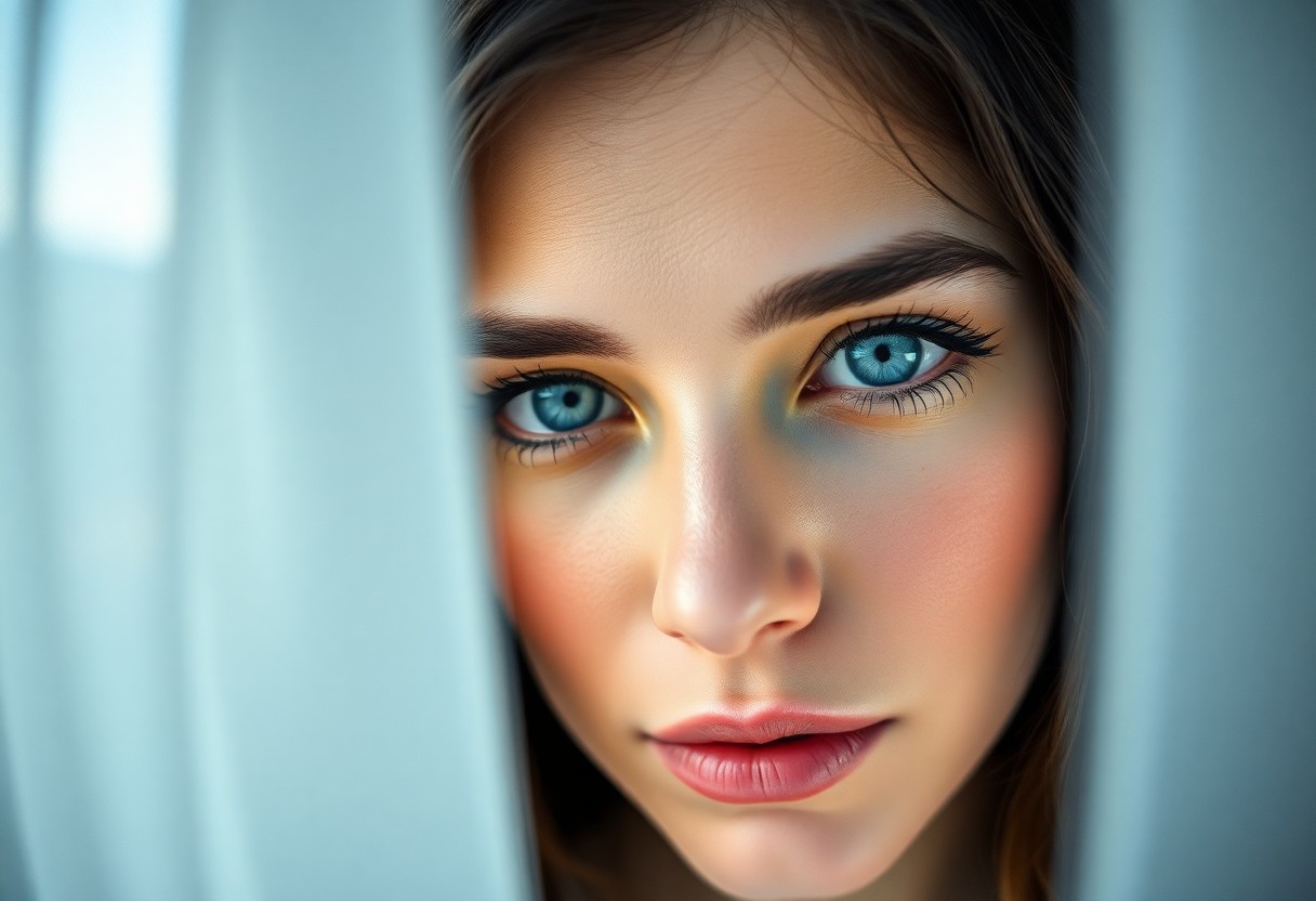 AI generated art for prompt: An ultra-realistic portrait showcases a Nordic woman with serene azure eyes, her dark lashes adding 