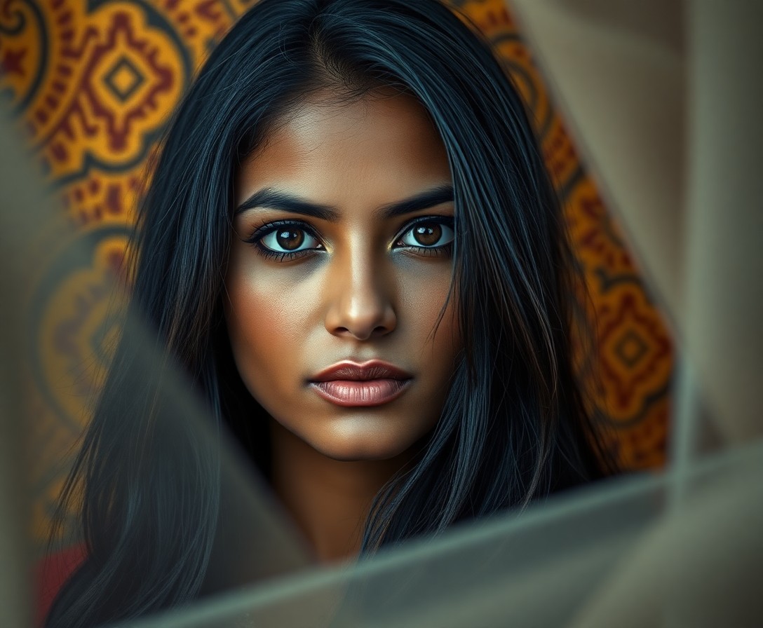 AI generated art for prompt: A photorealistic portrait captures a South Asian woman's enigmatic gaze, her warm brown eyes and ser