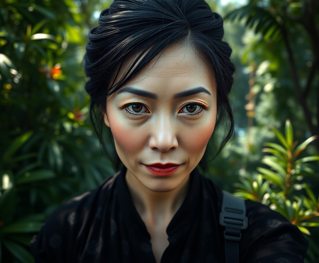 AI generated art for prompt: Depict a super-realistic portrait of an enigmatic middle-aged East Asian woman with piercing dark ey