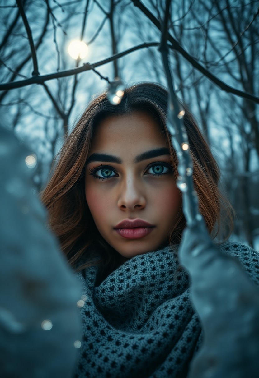 AI generated art for prompt: Depict a captivating portrait of a South Asian woman adorned with deep emerald eyes and cascading go