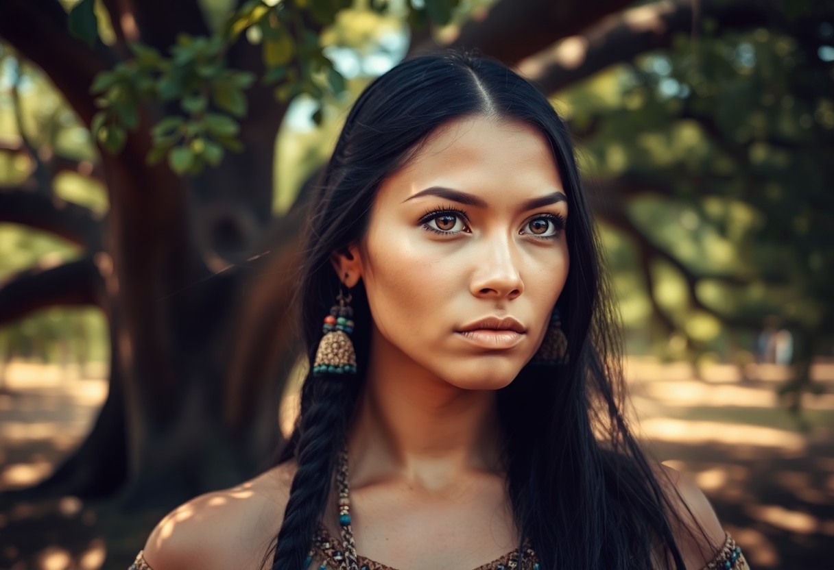 AI generated art for prompt: Envision a captivating portrait of a Native American woman with mesmerizing amber eyes and long, rav