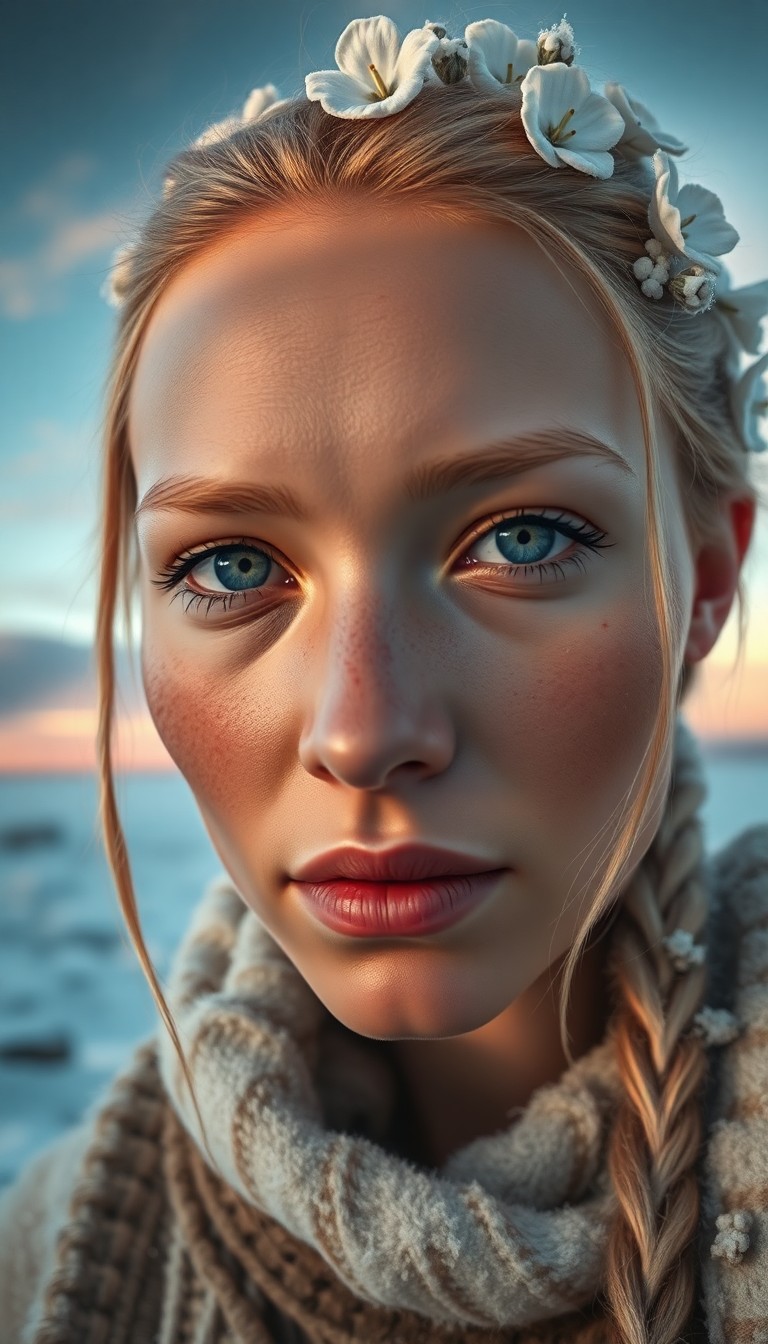 AI generated art for prompt: Envision a super-realistic portrait of an enigmatic Native American woman with piercing ice-blue eye