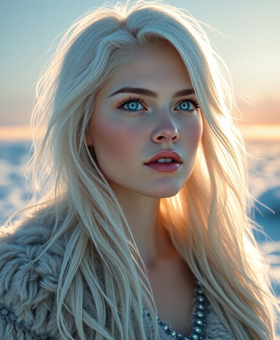 AI generated art for prompt: Hyperrealistic portrait of a captivating European woman with ice-blue eyes and platinum hair cascadi