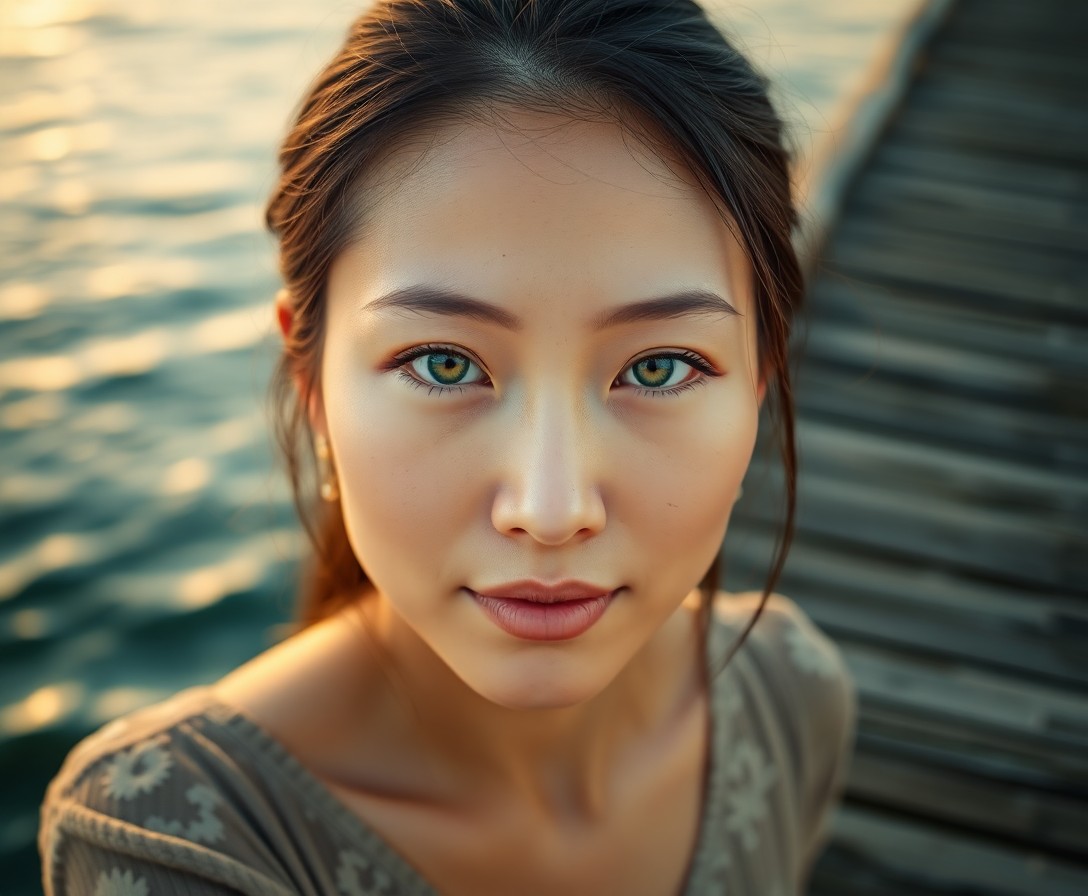 AI generated art for prompt: A photorealistic portrait of an East Asian woman in her early thirties showcases piercing green eyes