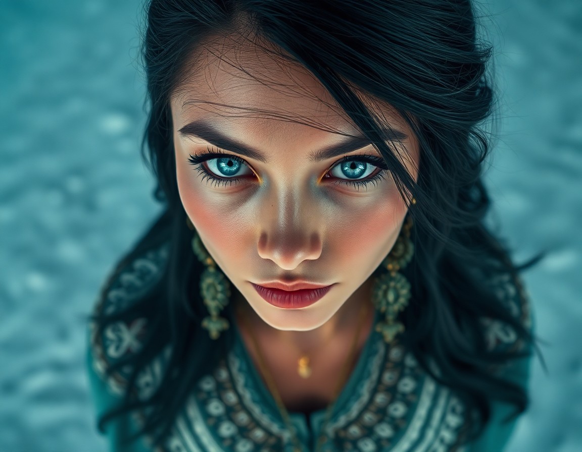 AI generated art for prompt: Envision a captivating photorealistic portrait of an enigmatic Hispanic woman with piercing ice-blue