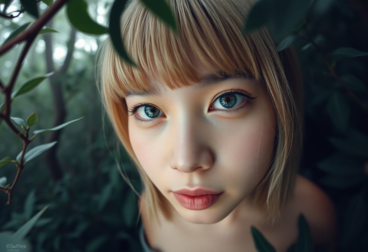 AI generated art for prompt: A DSLR portrait captures an enigmatic Pacific Islander woman with piercing green eyes and porcelain 