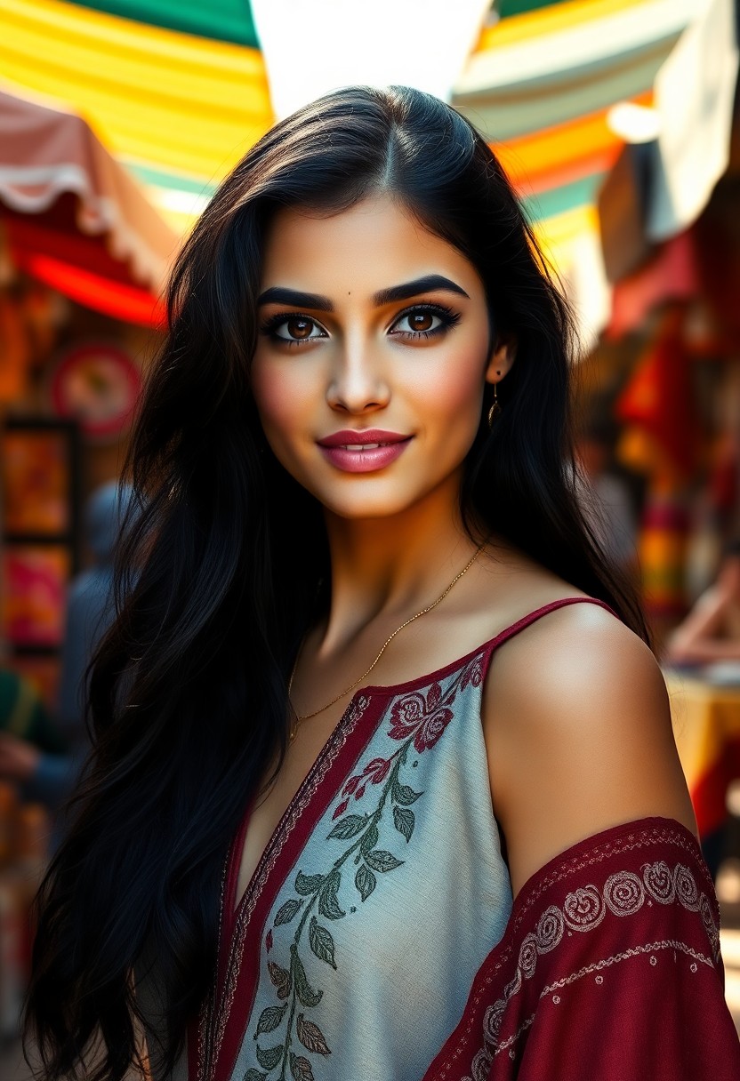 AI generated art for prompt: Imagine a photorealistic portrait of an alluring young Middle Eastern woman with captivating dark ey