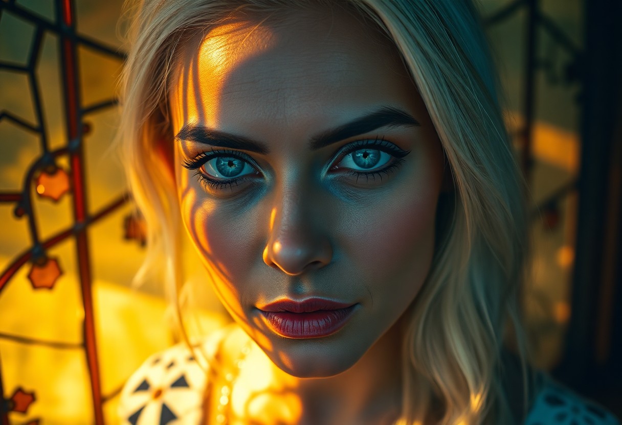 AI generated art for prompt: A portrait photo captures an enigmatic South Asian woman with piercing blue eyes and platinum blonde