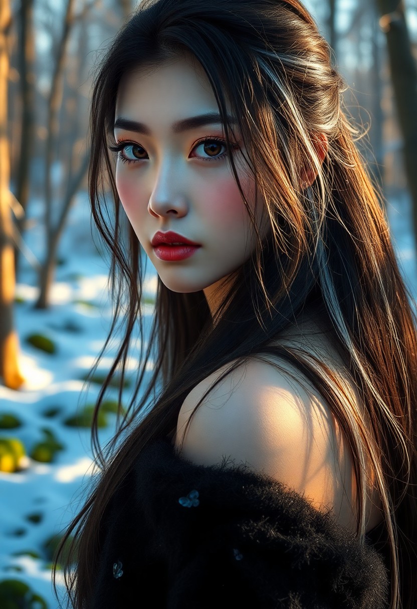 AI generated art for prompt: Envision a captivating portrait of an enchanting East Asian woman with mesmerizing amber eyes, accen