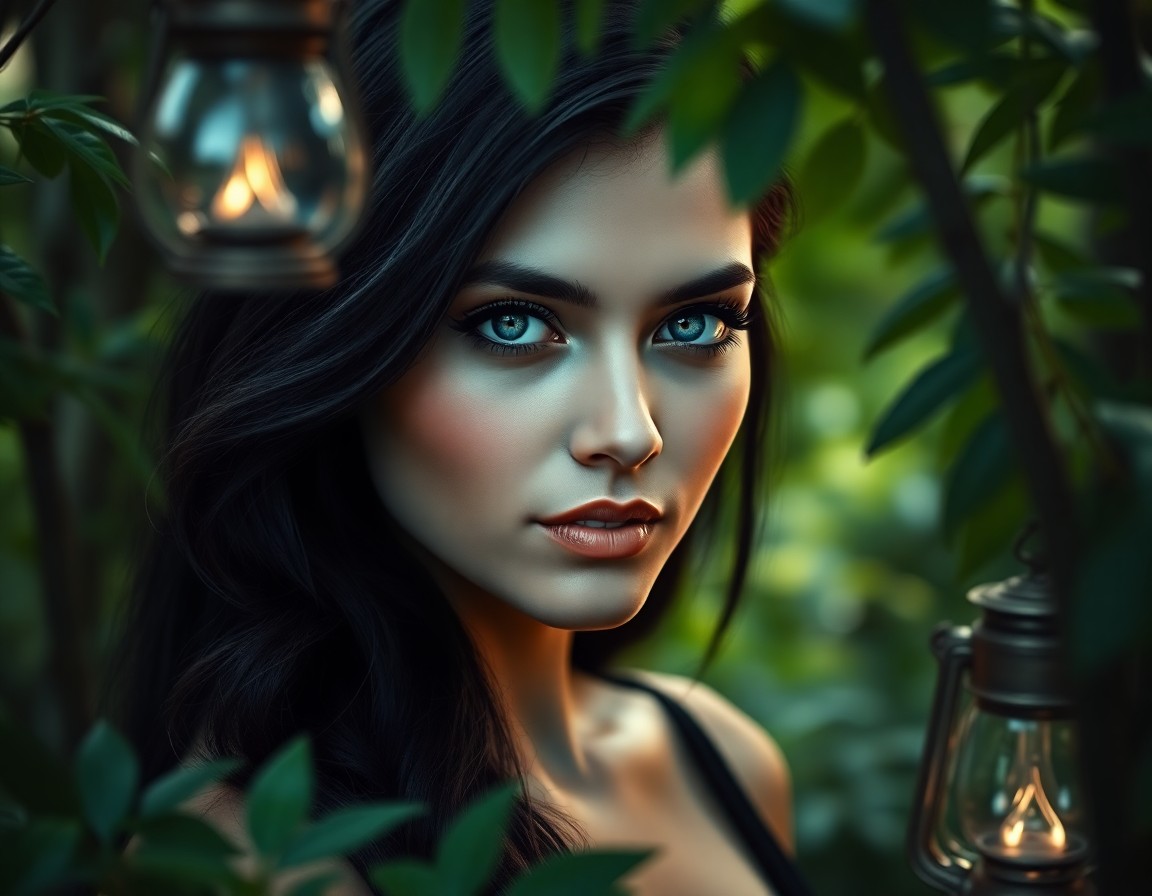 AI generated art for prompt: A captivating portrait of a Hispanic woman with porcelain skin and striking blue eyes, her sleek bla