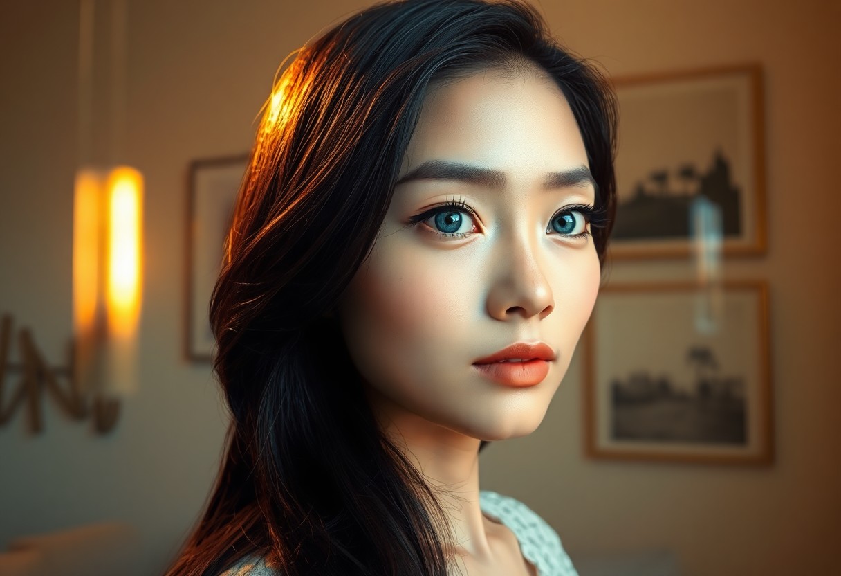 AI generated art for prompt: Envision an ultrarealistic portrait of an East Asian woman with mesmerizing blue eyes and lustrous r