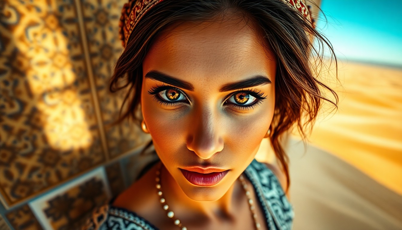 AI generated art for prompt: A portrait photograph reveals a Middle Eastern woman's enigmatic gaze, her captivating golden eyes f