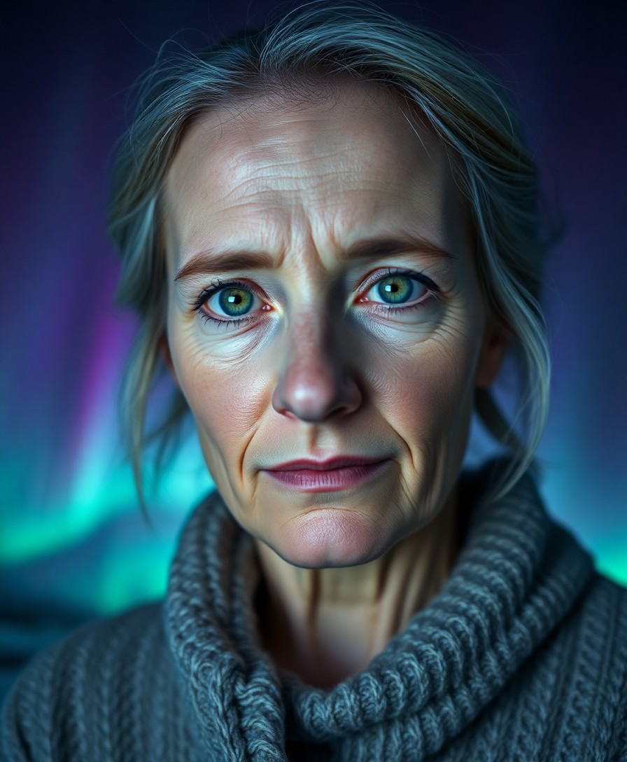 AI generated art for prompt: Imagine a serene portrait of a middle-aged European woman with gentle green eyes and silver-streaked