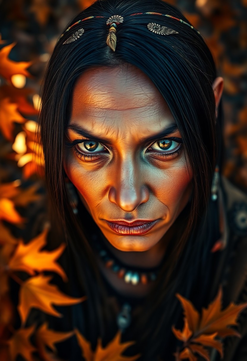 AI generated art for prompt: Craft a photorealistic portrait photograph showcasing an intense Native American woman with piercing