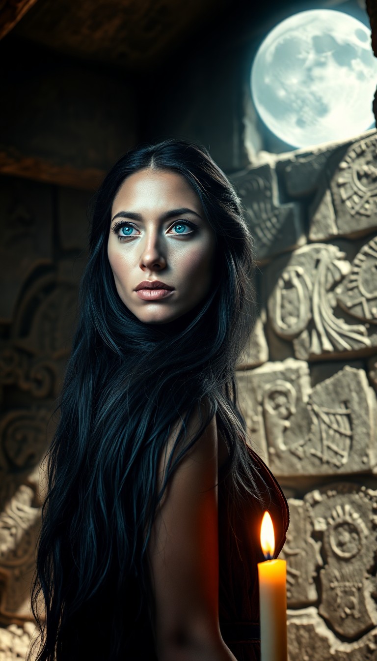 AI generated art for prompt: The essence of a Native American woman is captured in this portrait photo, her piercing ice-blue eye