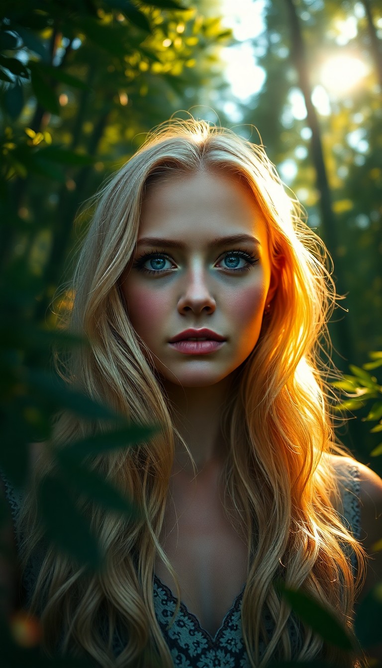 AI generated art for prompt: Photorealistic portrait of a Nordic woman with piercing blue eyes and radiant fair skin captured fro