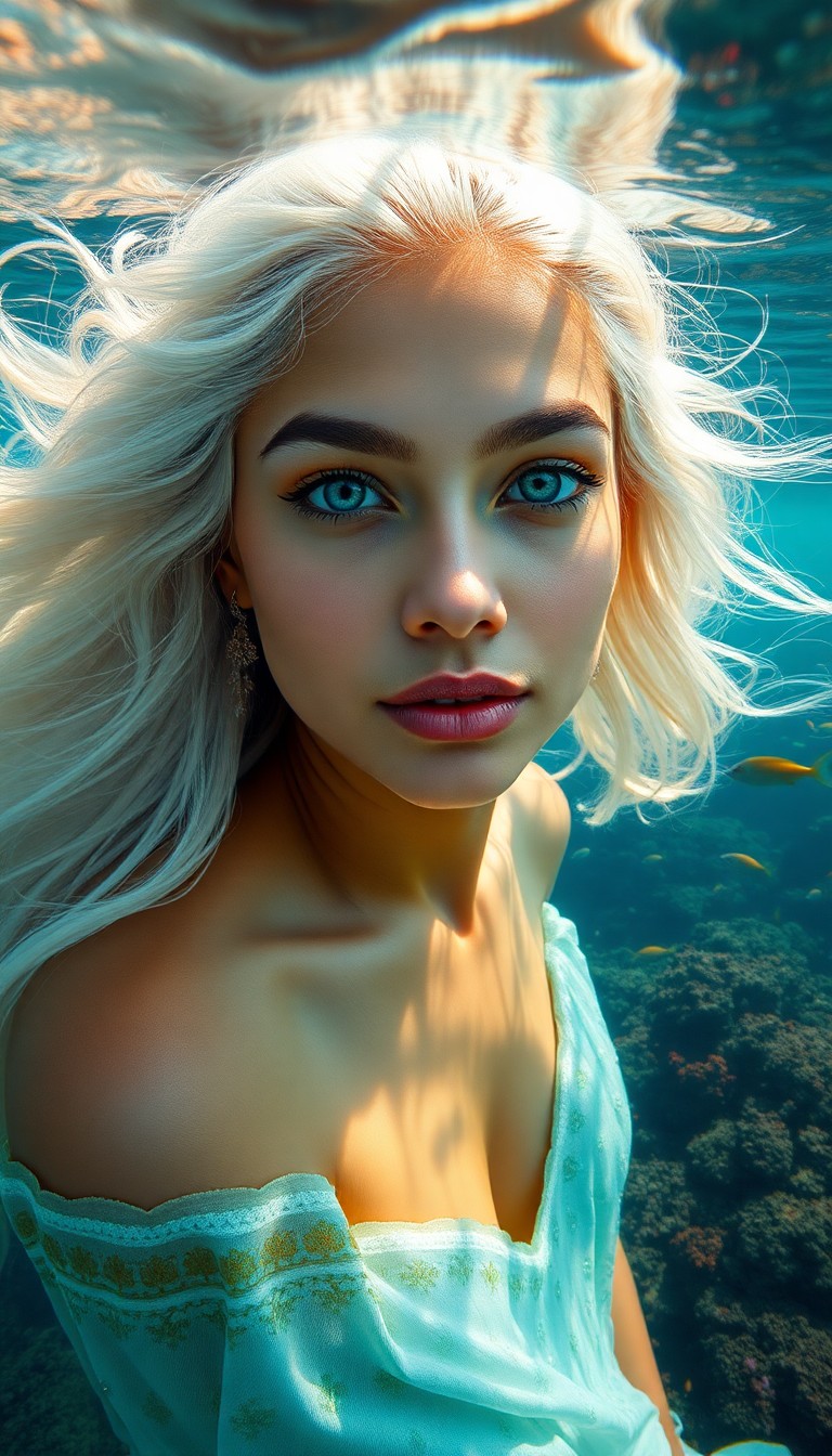 AI generated art for prompt: A mesmerizing portrait of a South Asian woman with captivating green eyes and flowing platinum hair 