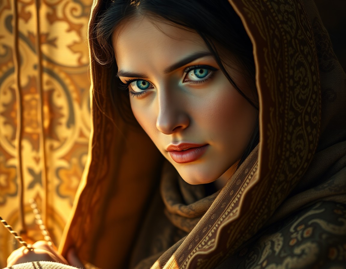 AI generated art for prompt: A super-realistic portrait showcases an enigmatic Middle Eastern woman in her prime, with piercing i