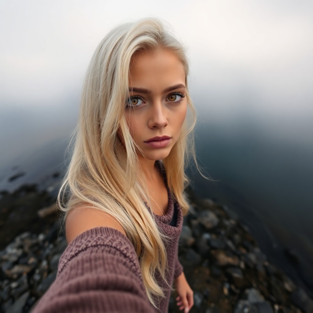 AI generated art for prompt: Envision a hyperrealistic portrait of an enchanting Nordic woman with captivating amber eyes and lon