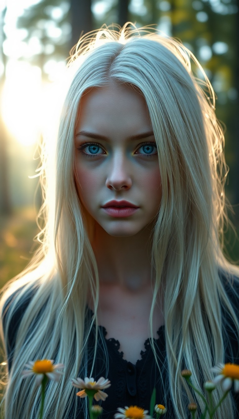 AI generated art for prompt: Craft an ultra-realistic portrait of a captivating Nordic woman with piercing blue eyes and long, pl