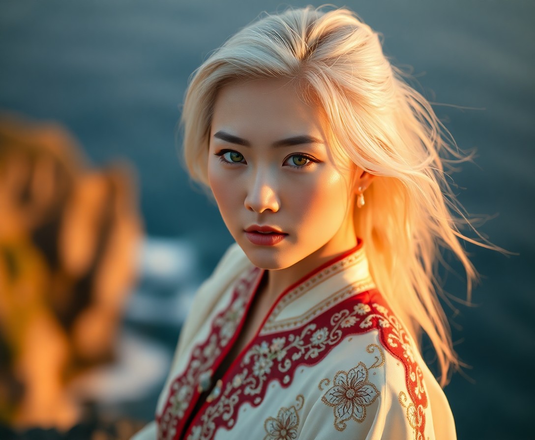 AI generated art for prompt: A captivating portrait of an East Asian woman with striking green eyes and platinum blonde hair, cap