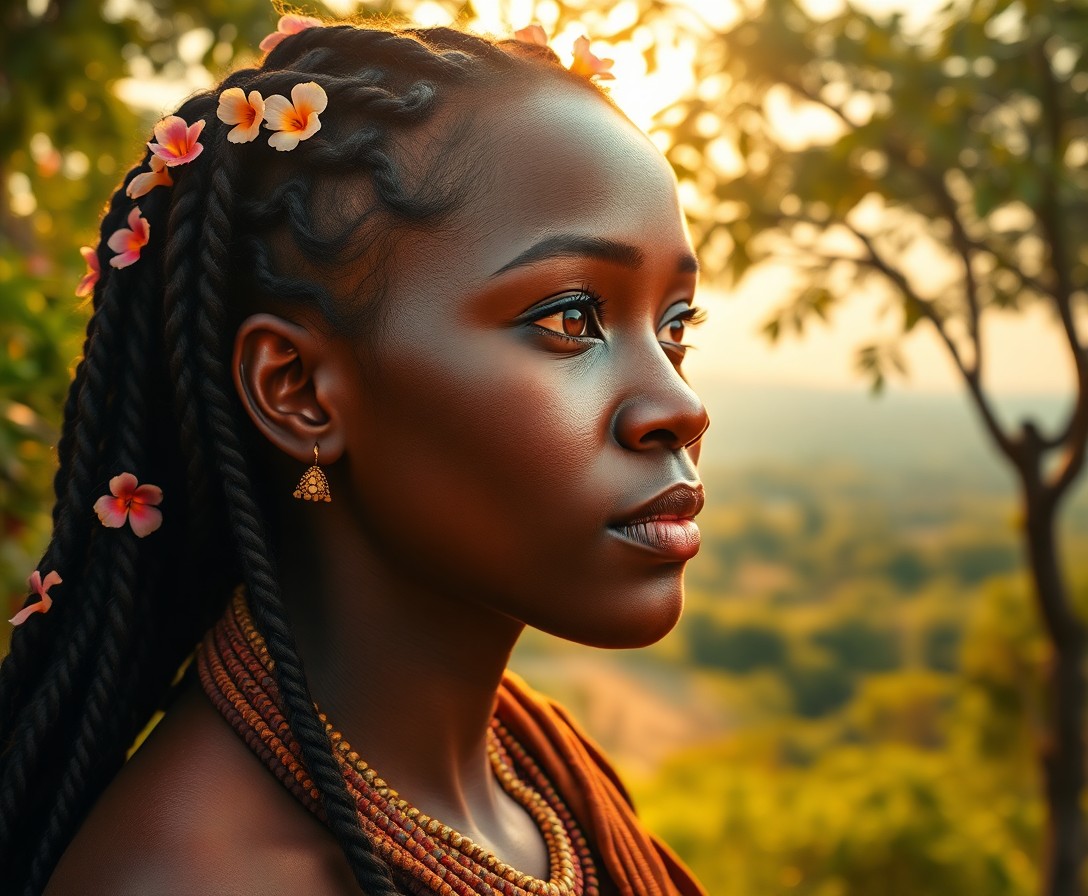 AI generated art for prompt: Imagine a photorealistic iPhone portrait of an African woman exuding serene tranquility, her luminou