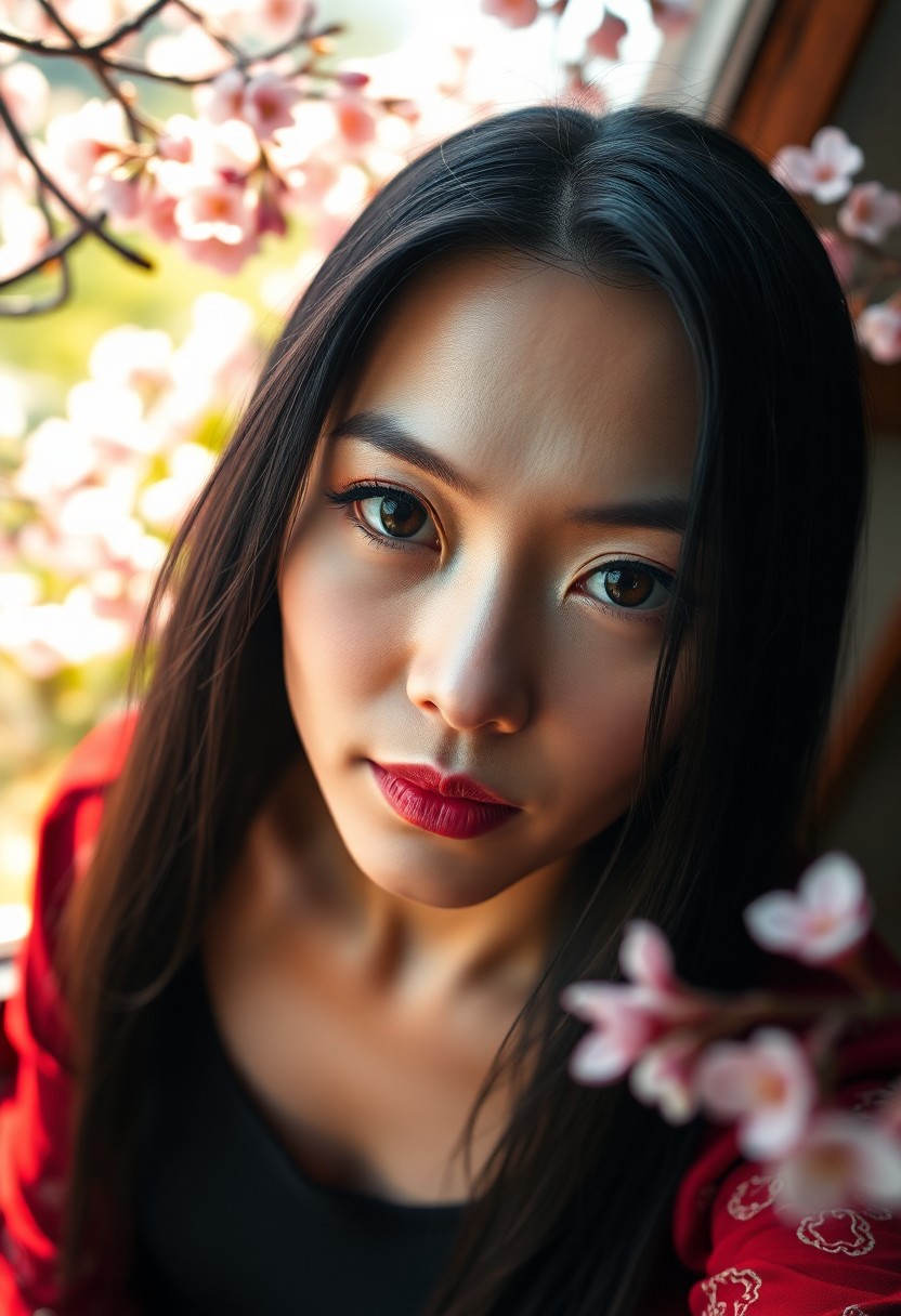 AI generated art for prompt: Envision a photorealistic portrait of an enigmatic East Asian woman with piercing black eyes and sle