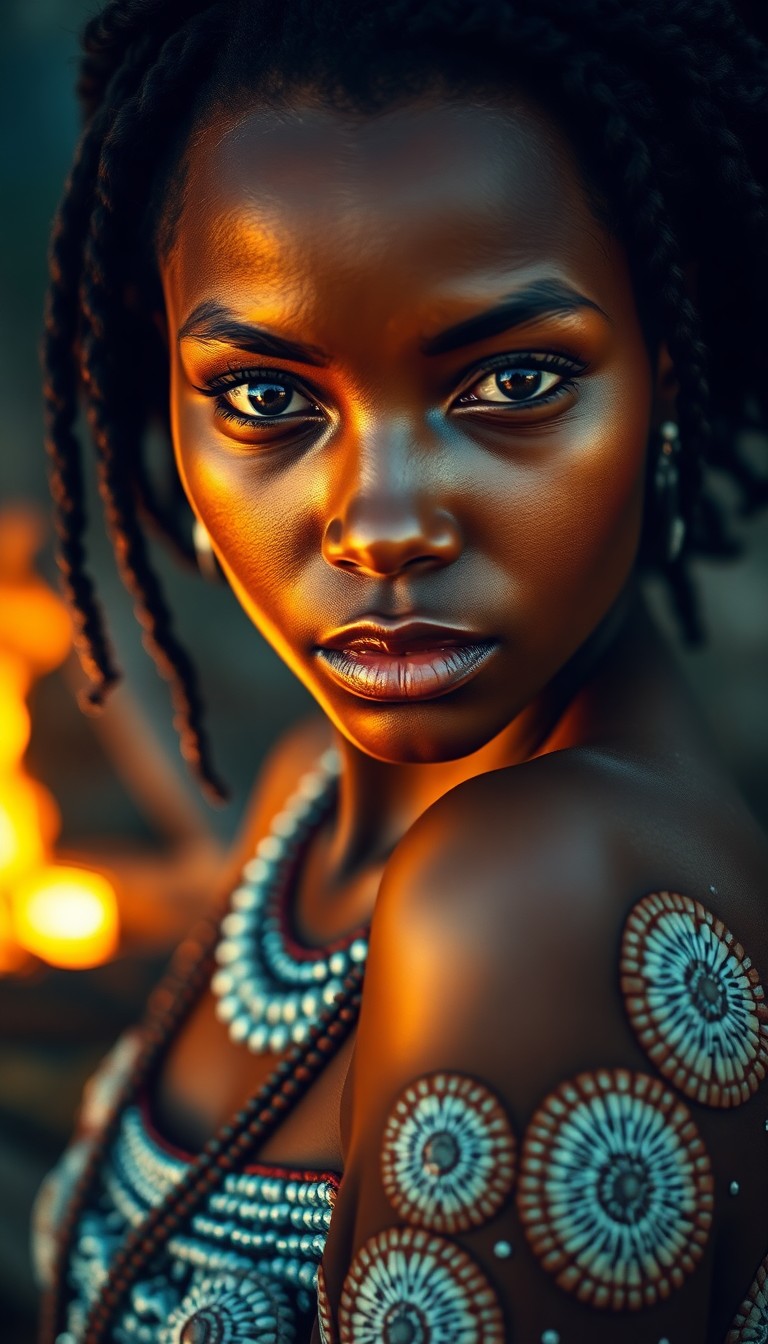 AI generated art for prompt: Envision a hyperrealistic portrait showcasing an African woman's enigmatic beauty—warm honey-toned s