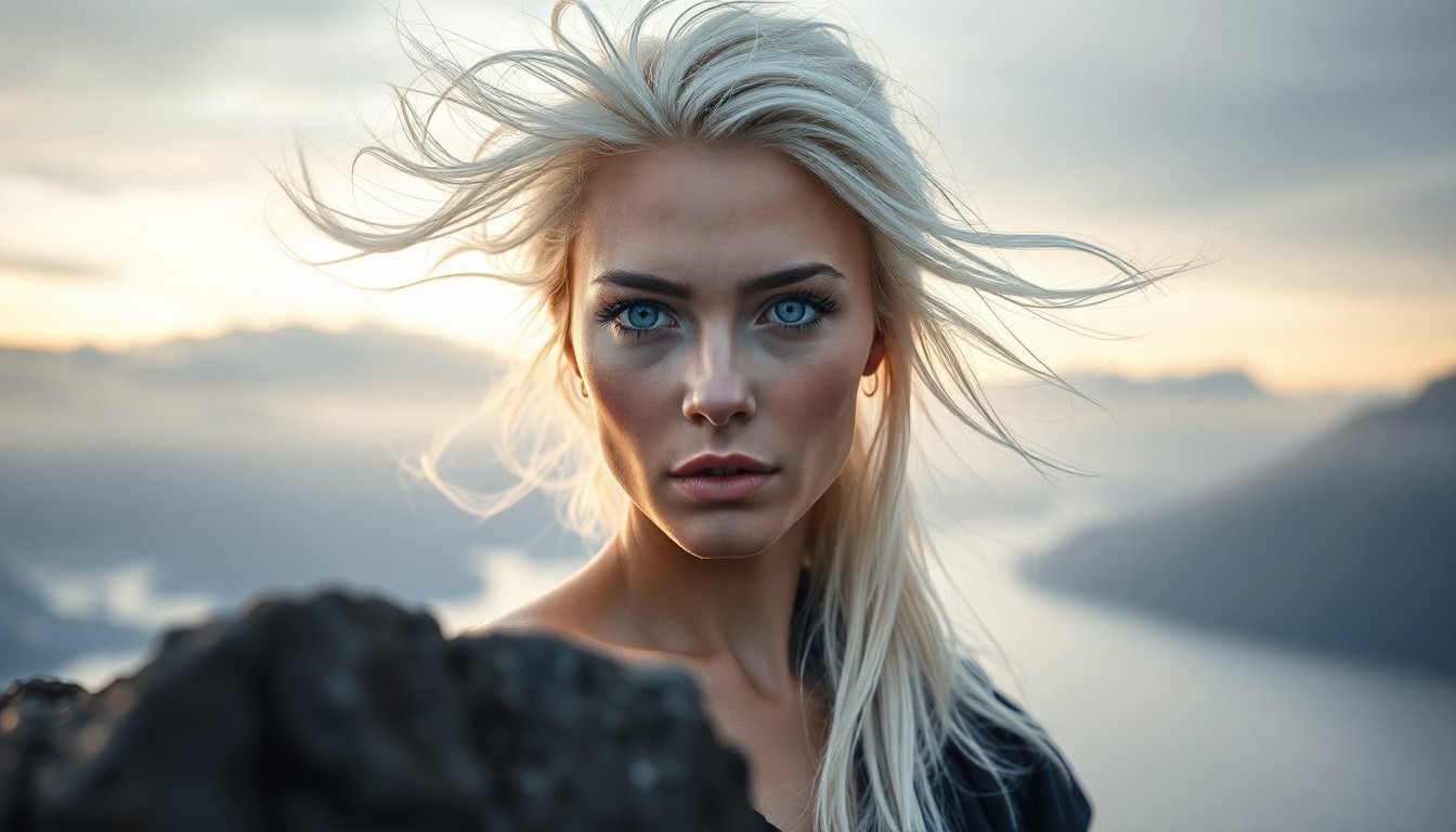 AI generated art for prompt: Craft a hyperrealistic portrait featuring an enigmatic Hispanic woman with piercing ice-blue eyes an