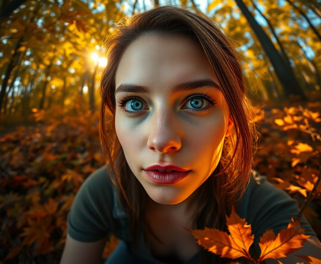 AI generated art for prompt: Craft a photorealistic portrait of a pensive Hispanic woman with piercing blue eyes and chestnut hai