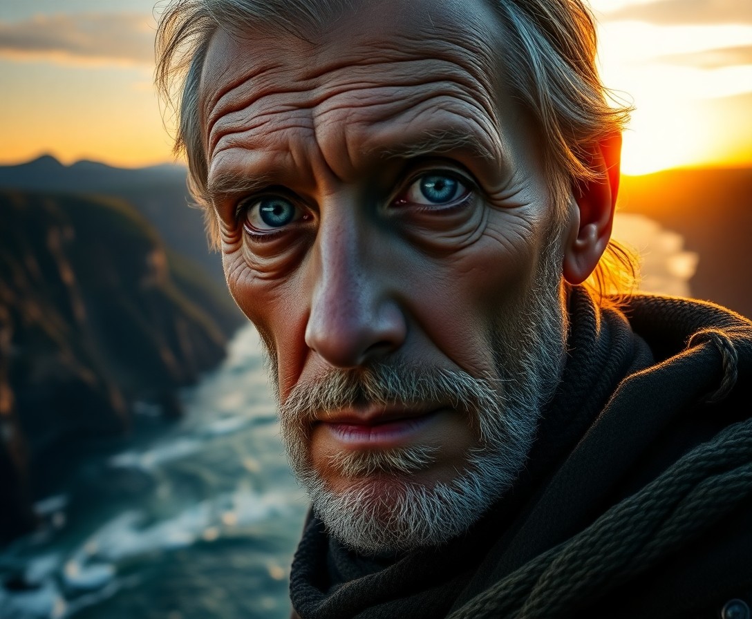 AI generated art for prompt: Craft a photorealistic portrait of an aged European man with piercing blue eyes and weathered skin, 