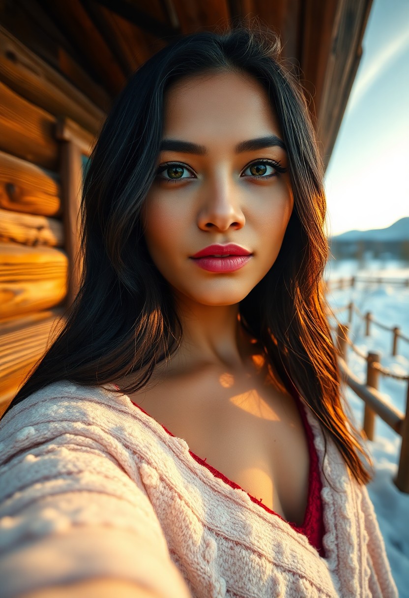 AI generated art for prompt: A photorealistic portrait bathes a South Asian woman in golden hour light, capturing her enigmatic e