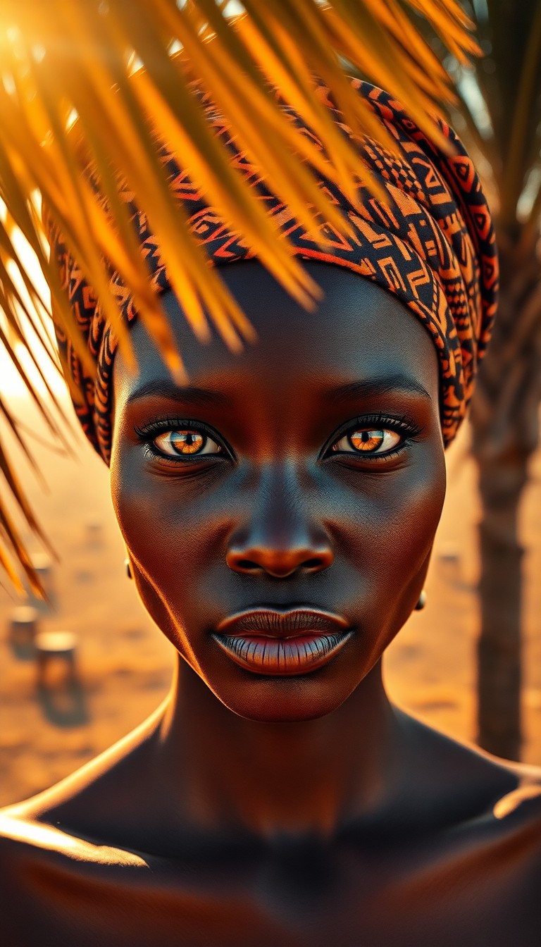 AI generated art for prompt: A photorealistic portrait photograph captures an African woman's enigmatic expression, her striking 