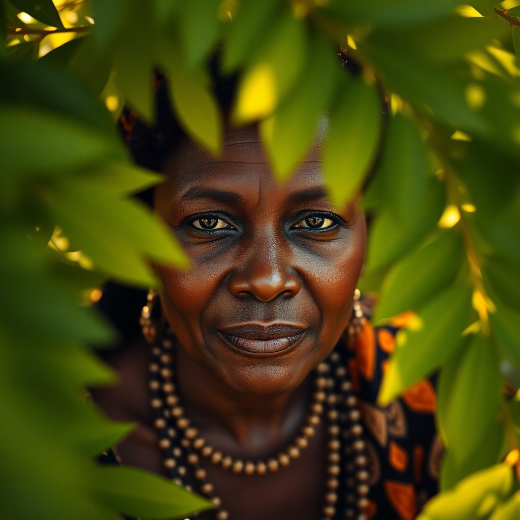 AI generated art for prompt: A high-angle portrait photograph showcases a middle-aged African woman with smooth coffee-hued skin 