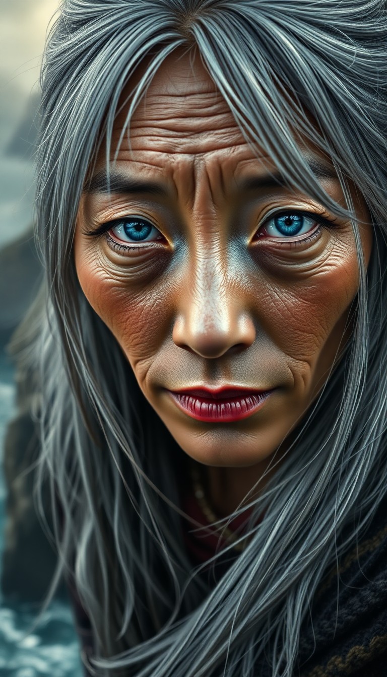 AI generated art for prompt: A photorealistic portrait of an enigmatic East Asian woman with piercing ice-blue eyes and silver ha