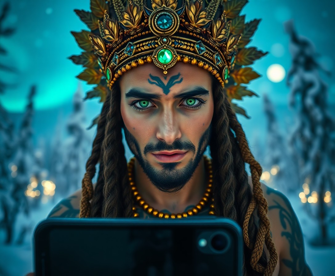 AI generated art for prompt: A smartphone camera captures a mesmerizing portrait of a Middle Eastern shaman with emerald eyes, pi