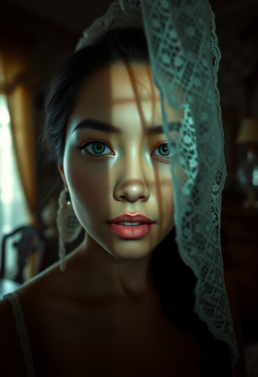 AI generated art for prompt: A photorealistic portrait photograph showcases an enigmatic Pacific Islander woman with striking gre