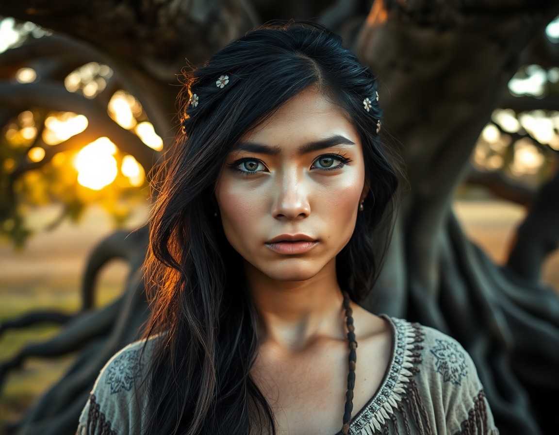 AI generated art for prompt: A photorealistic portrait photograph showcases a Native American woman's pensive gaze, her piercing 