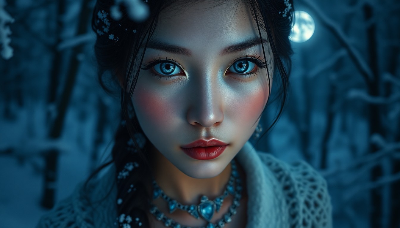 AI generated art for prompt: An enigmatic East Asian woman with icy blue eyes and porcelain skin is captured in a portrait photog