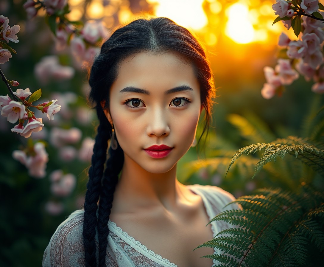 AI generated art for prompt: Imagine a portrait photograph of an East Asian woman, her smooth skin and intricate jet-black braids